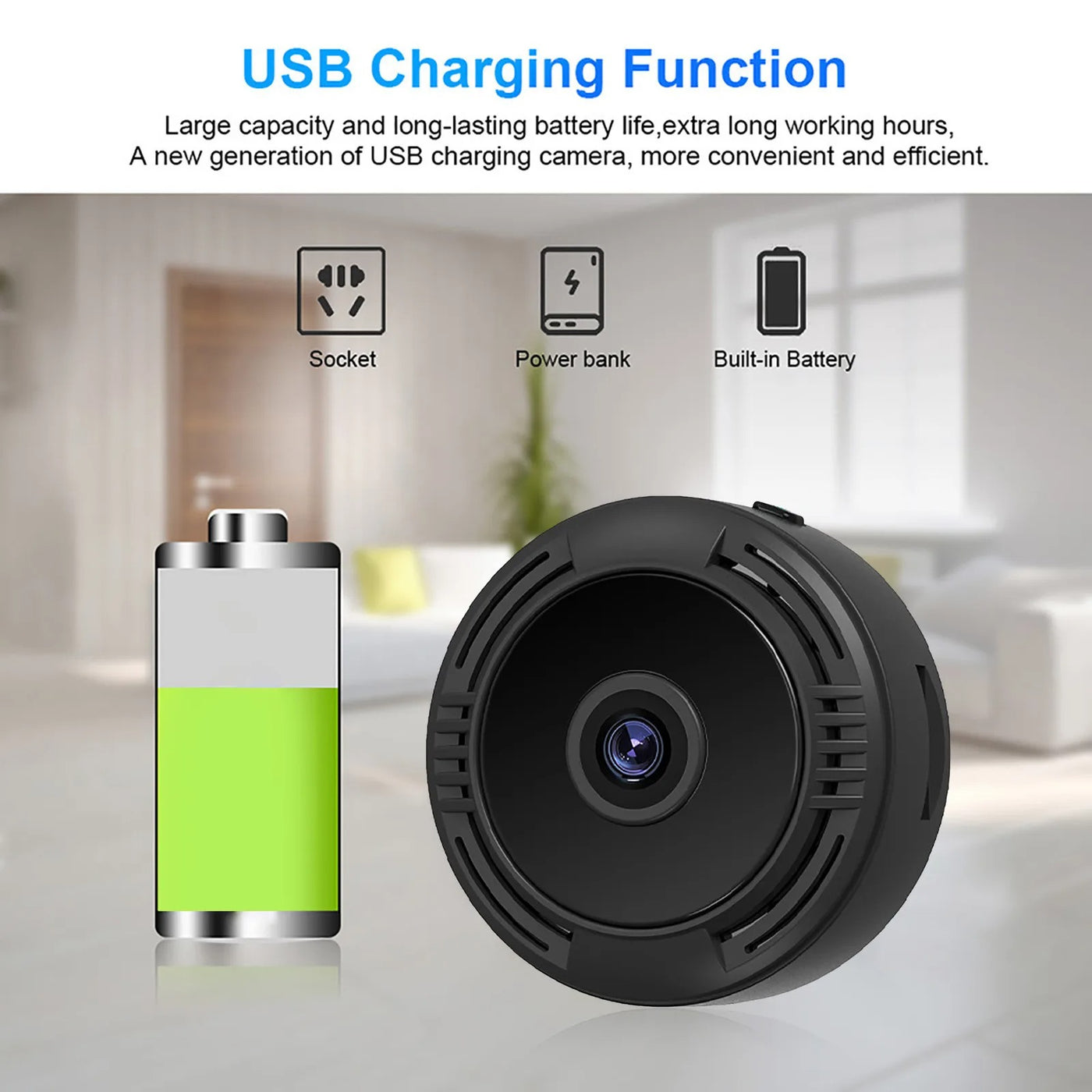 WiFi Mini Indoor 1080p Battery CameraBuilt-In Battery Can Work For 30 Minutes. This Wireless Hidden Camera Has Own Wifi Hotspot, It Can Also Connect Your Mobile Phone Without Router Wifi.Battery Type: BWiFi Mini Indoor 1080p Battery CameraZam Zam Store