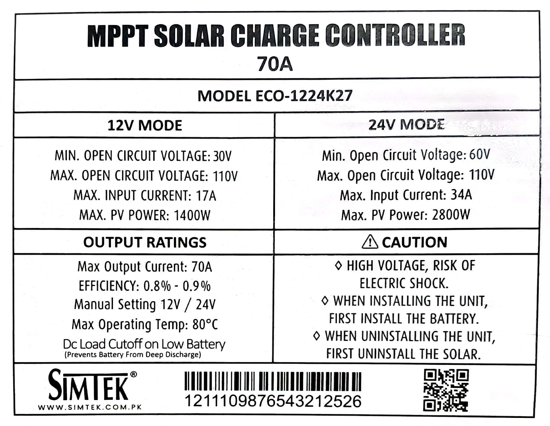 Simtek Eco Series DC King 70A NON HYBRID MPPT | Works With/Without Battery - Free Delivery - 1 year warranty - Zam Zam Store