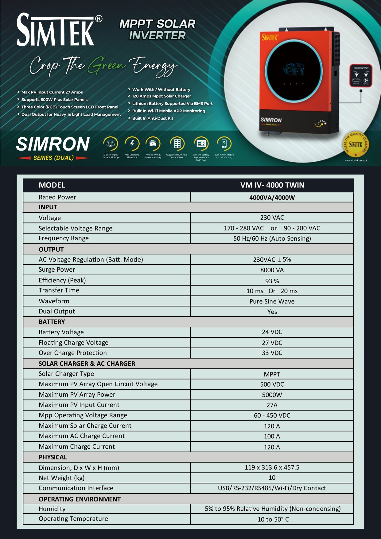 Simtek SIMRON (DUAL) 4KW-24V Solar Inverter - Zam Zam Store