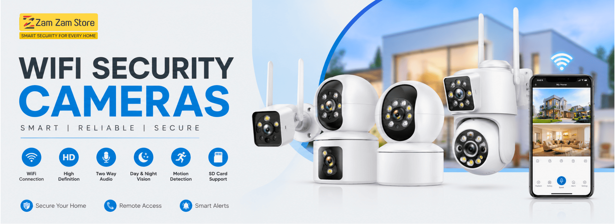 Promotional banner for Cam Zam Store WiFi Security Cameras, showing multiple white dome-style security cameras with antennas, a smartphone displaying a live feed, and feature icons on a light blue and white background.slider_item_dAtpkW