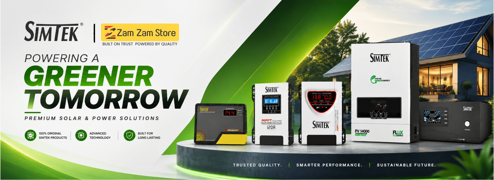 A promotional banner for Simtek solar and power solutions, showing multiple Simtek devices and a white Simtek box on a pedestal in front of a house with solar panels. The left side has a white background with green and dark green text reading 'POWERING A GREENER TOMORROW' and 'PREMIUM SOLAR & POWER SOLUTIONS'.slider_item_XFfqHj
