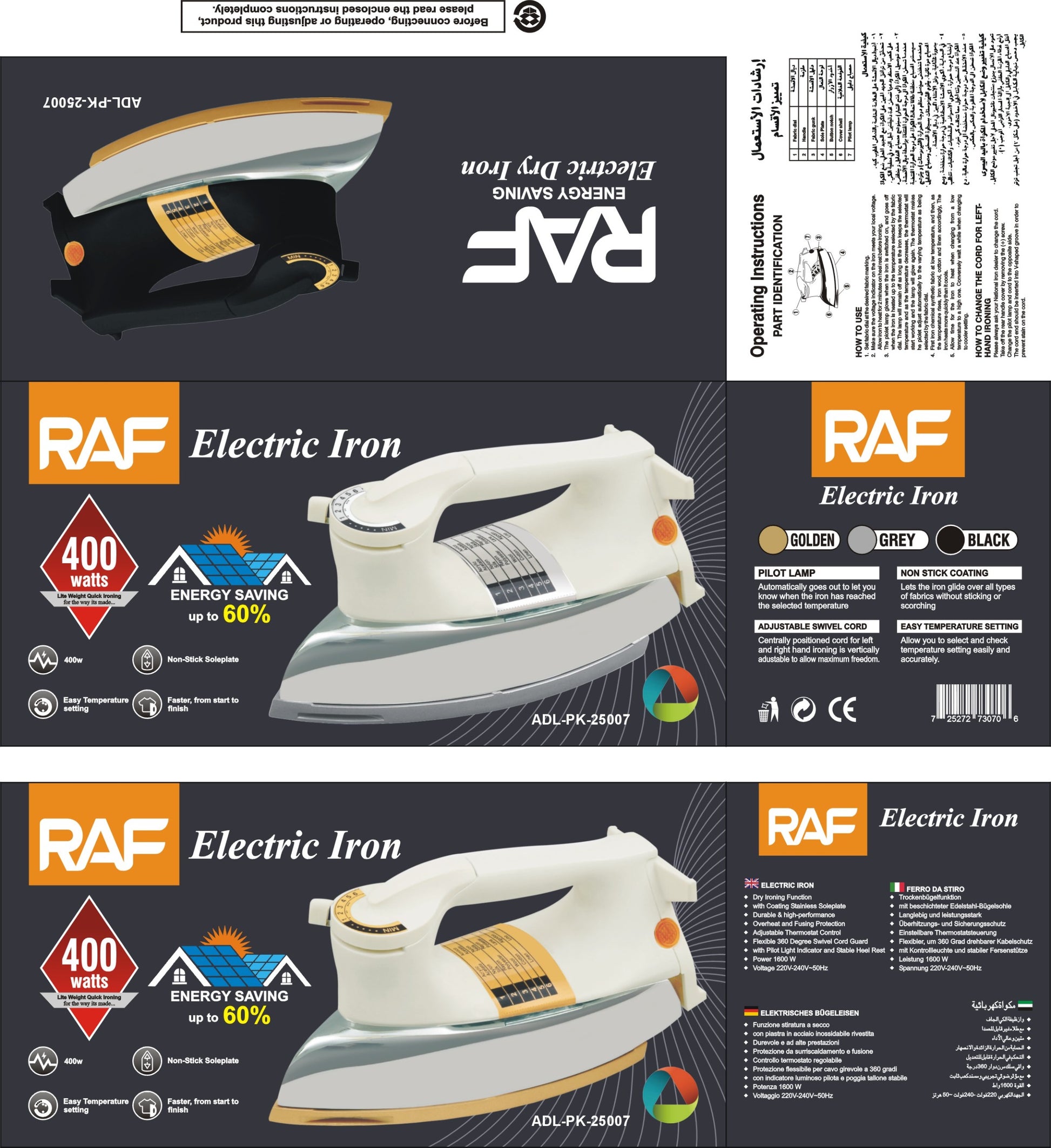 RAF 400W Electric Energy Saving Iron - 1 year Element warranty. Free delivery - Zam Zam Store