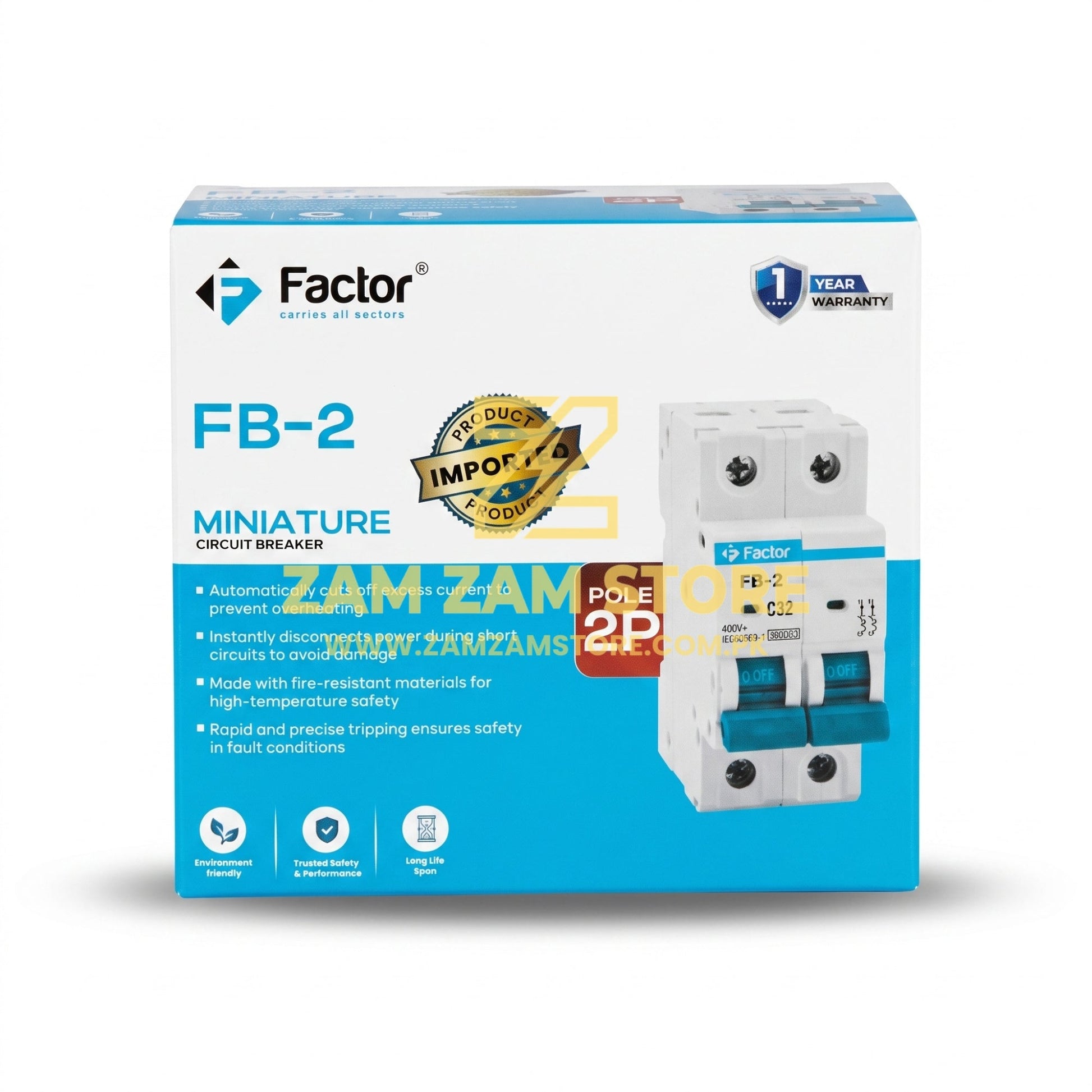 Factor FB-2 AC 32A 2 Pole Circuit Breaker | 1 Year Warranty - Zam Zam Store