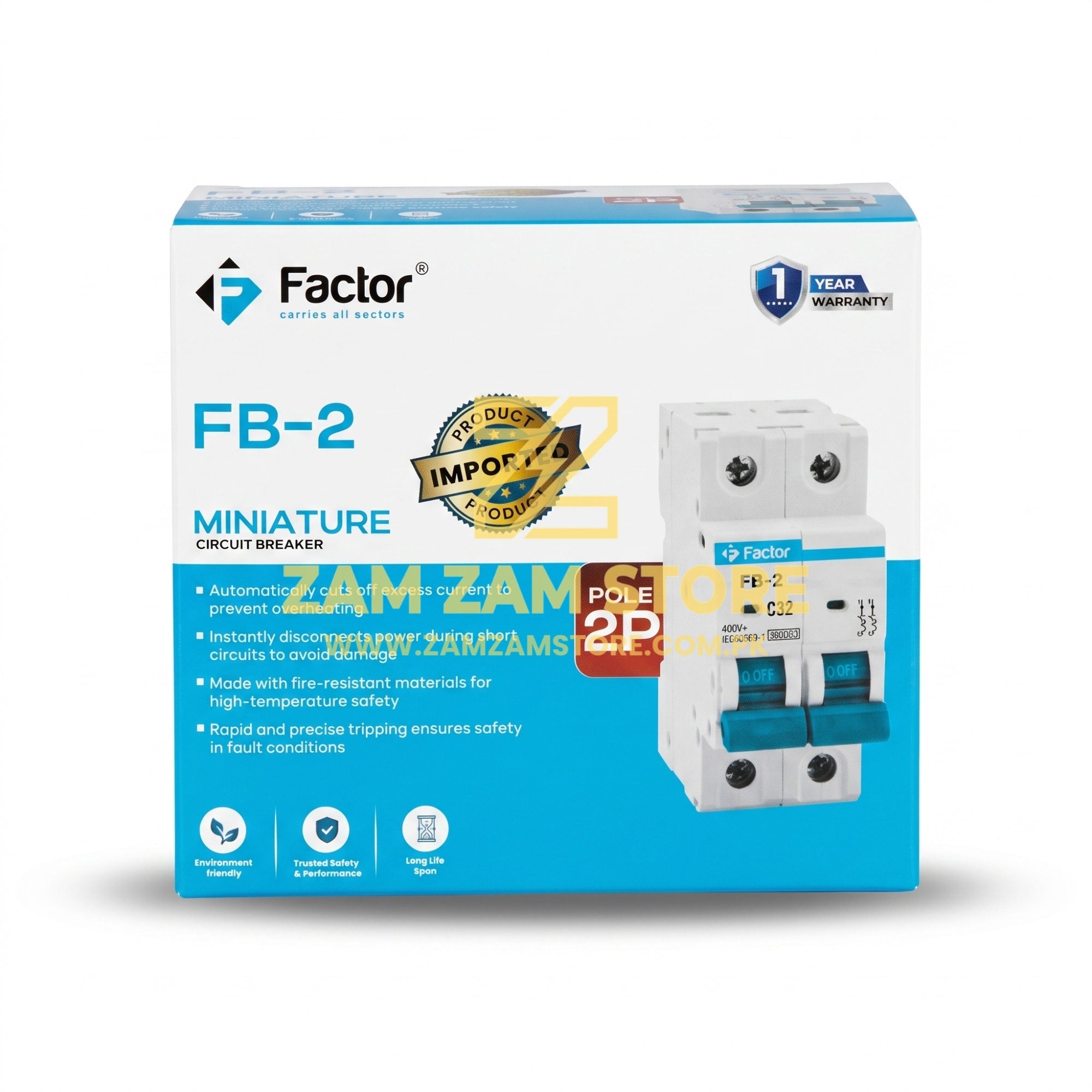 Factor FB-2 AC 32A 2 Pole Circuit Breaker | 1 Year Warranty - Zam Zam Store