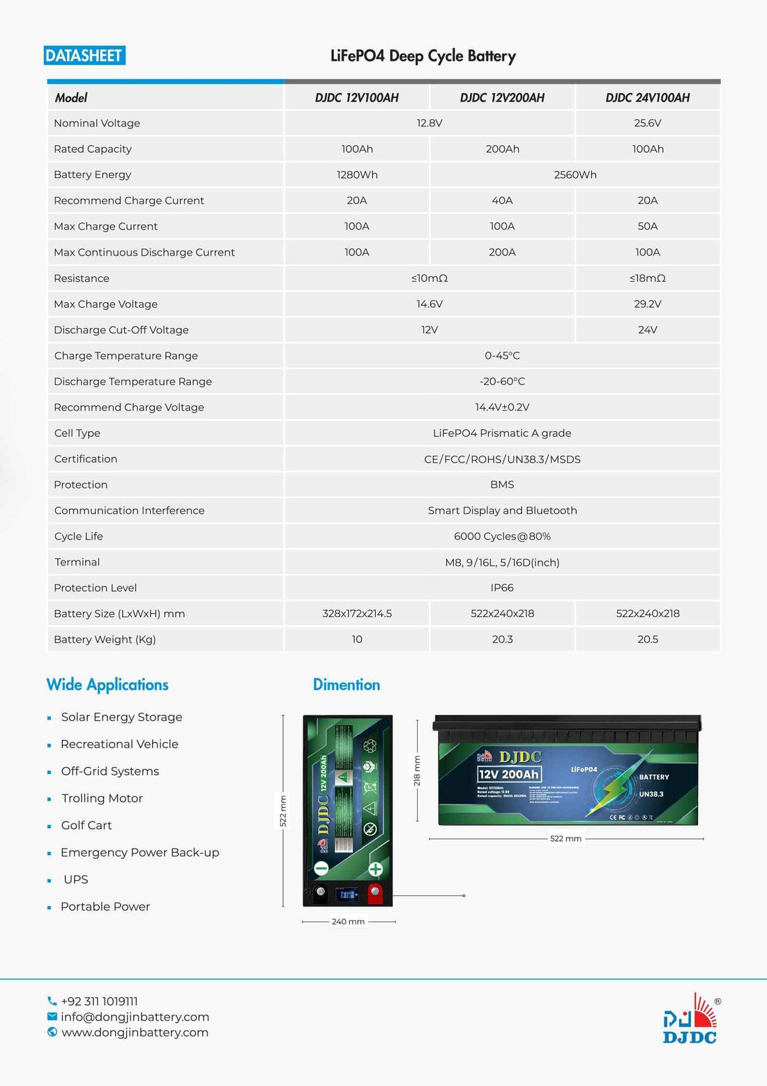 DJDC 12V 200Ah LiFePO₄ Battery – Smart Display & Bluetooth