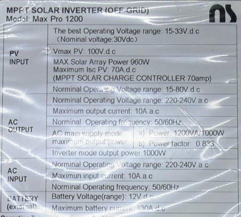 NS 1200 va Hybrid Solar Inverter 1.2kw - 2 Panel Supported - Zam Zam Store