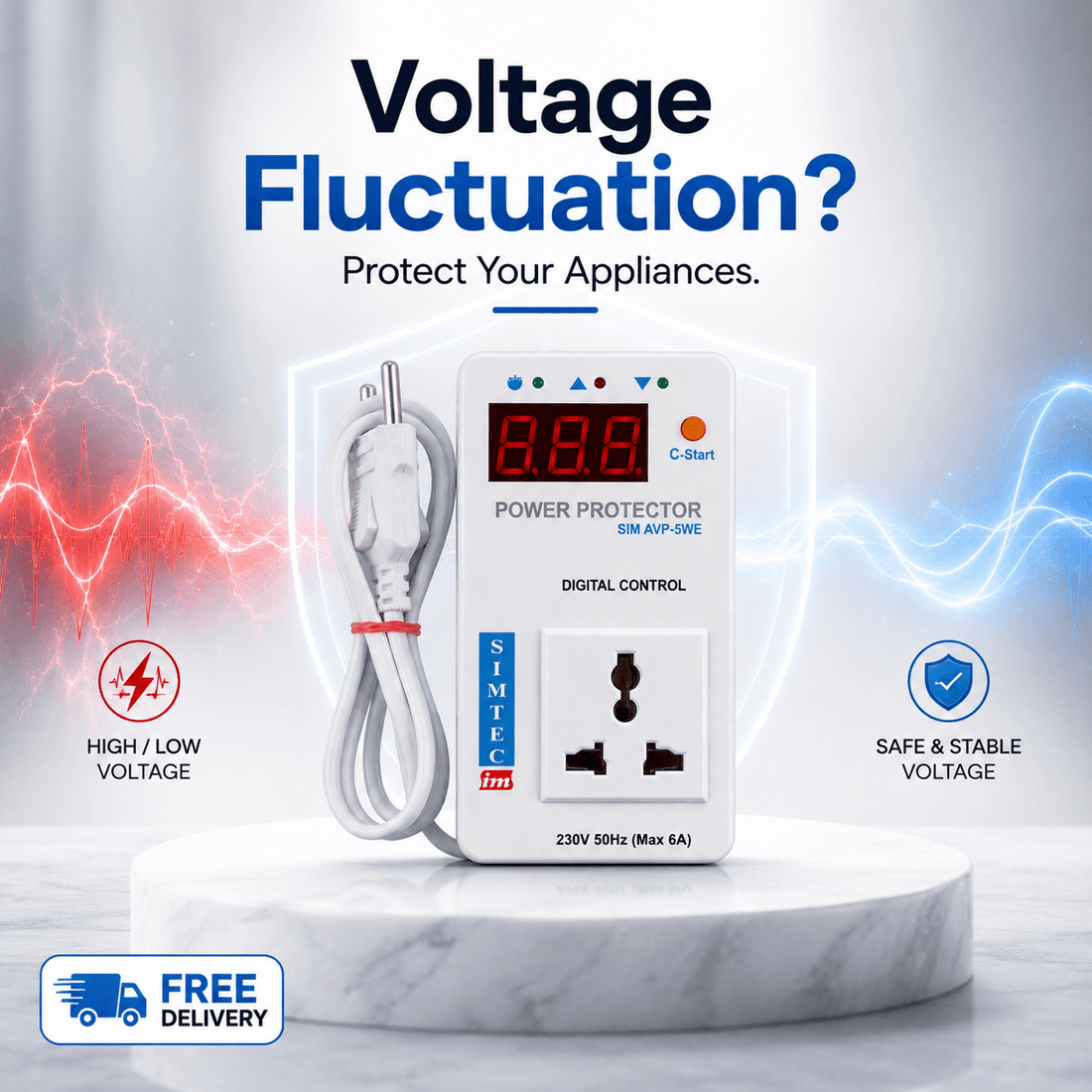 SIMTEC Digital Voltage Protector 6A | High & Low Voltage Protection - Zam Zam Store