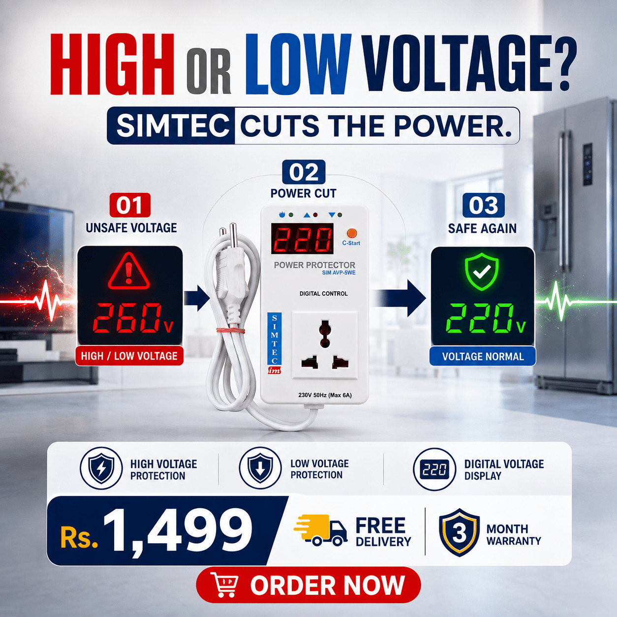 SIMTEC Digital Voltage Protector 6A | High & Low Voltage Protection - Zam Zam Store