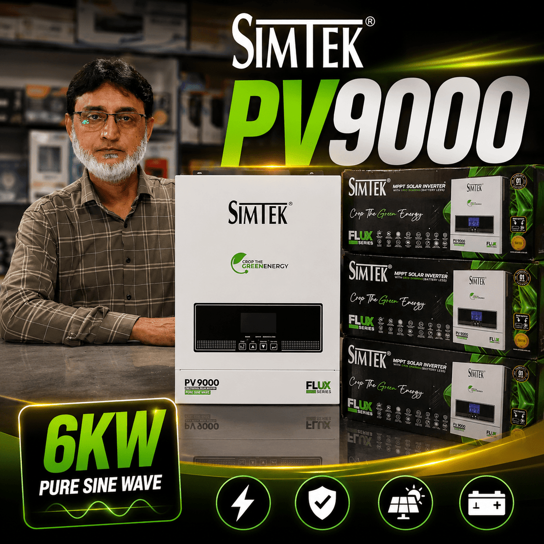 Simtek Flux PV9000 6KW Battery-Less Solar Inverter | Grid Sharing | 2-16 Solar Panels - Free Delivery - Zam Zam Store