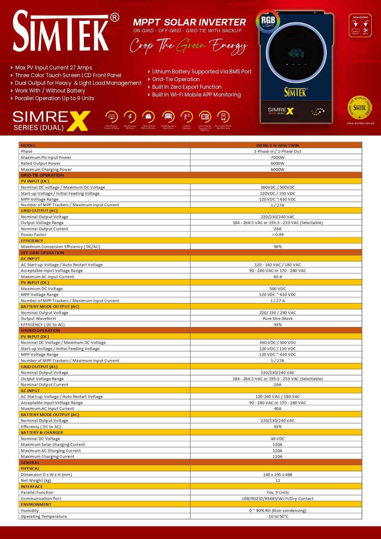 Simtek SIMREX (DUAL) 6KW-48V Hybrid Solar Inverter - Zam Zam Store