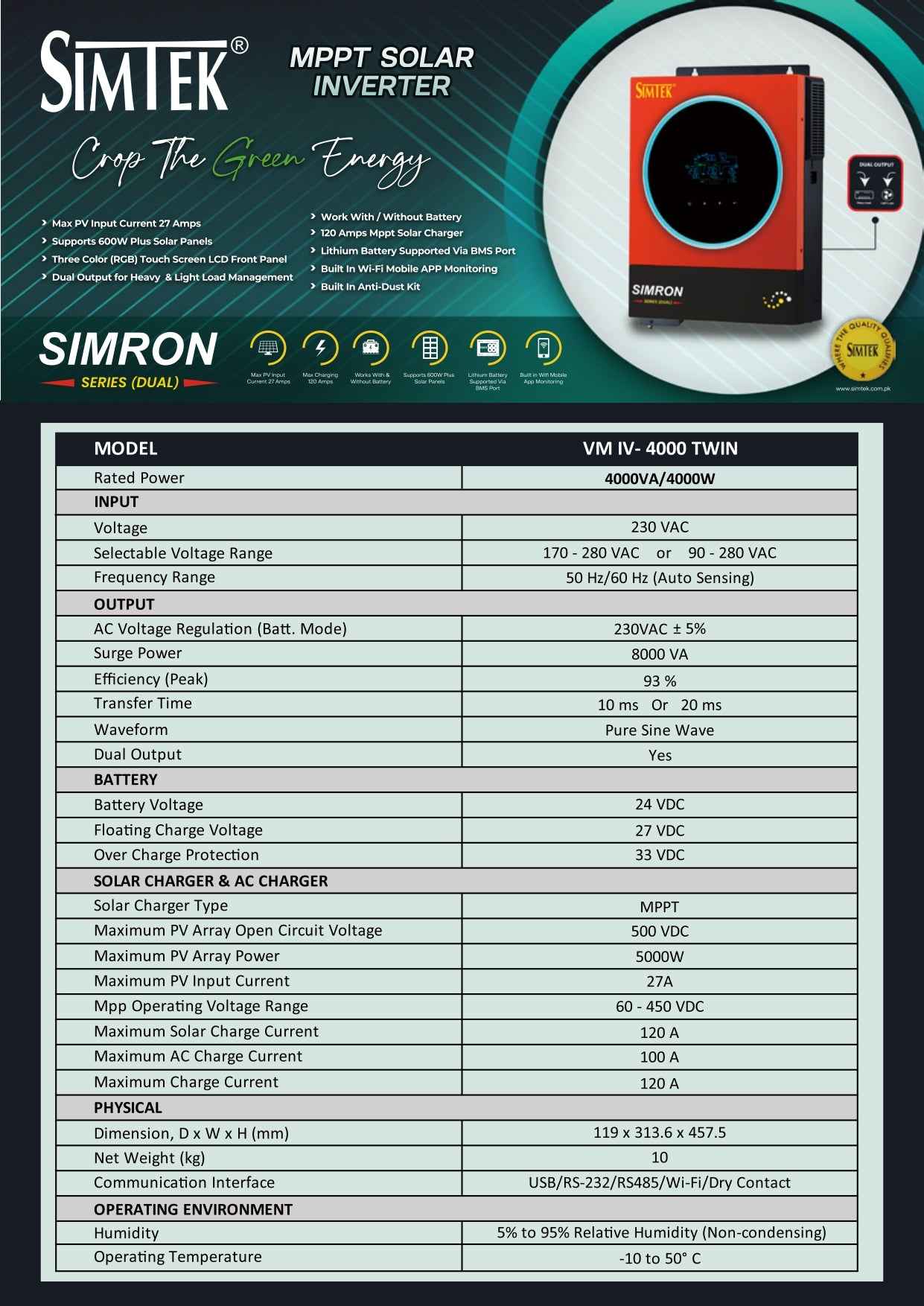 Simtek SIMRON (DUAL) 4KW-24V Solar Inverter - Zam Zam Store