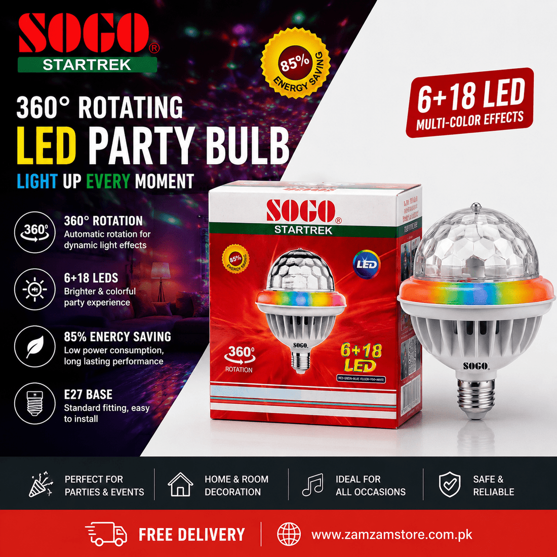 SOGO Star Trek 360° Rotating LED Disco Party Bulb | 6+18 LED - Zam Zam Store