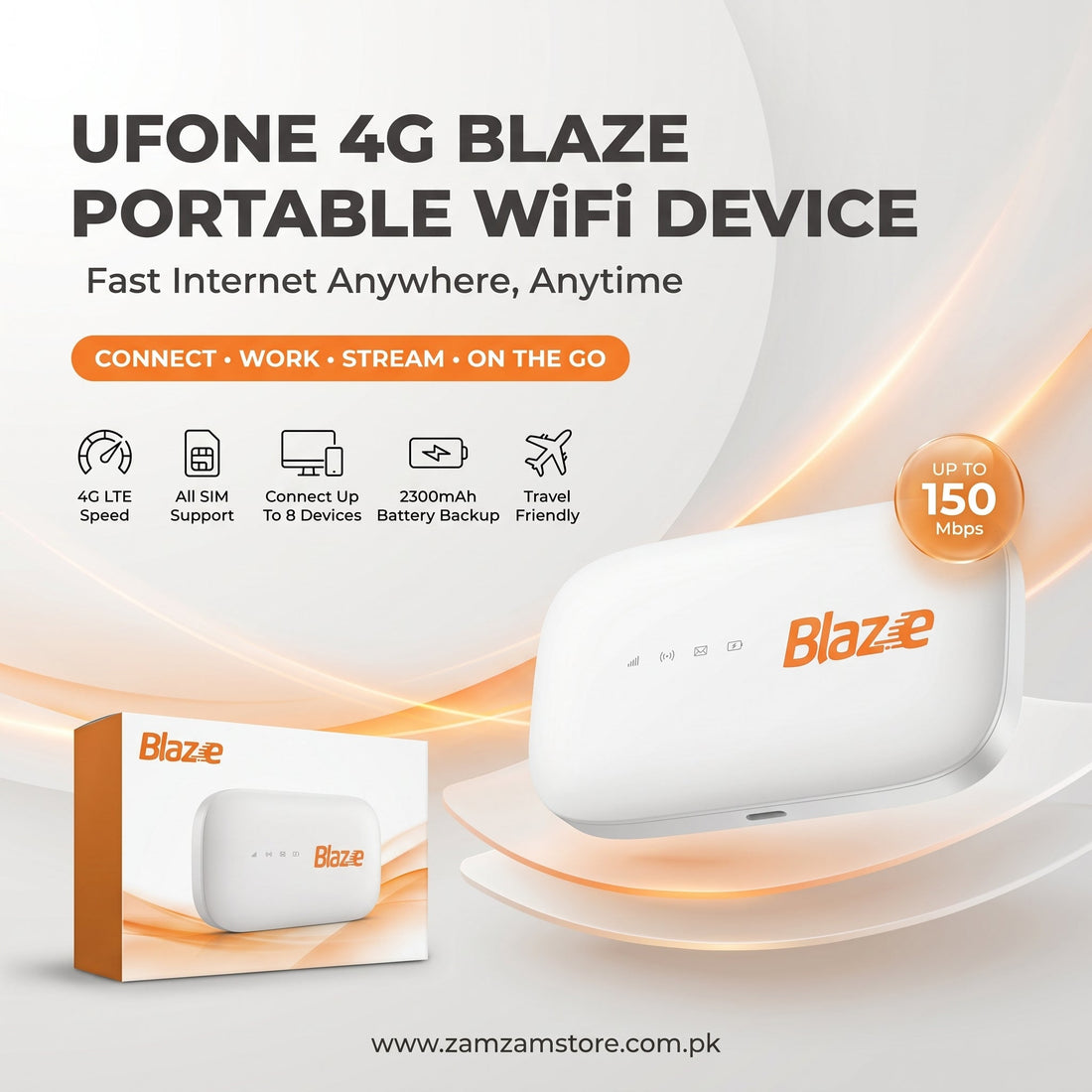 Ufone 4G Blaze Portable Rechargeable Battery WiFi Device | All SIM Support - Zam Zam Store