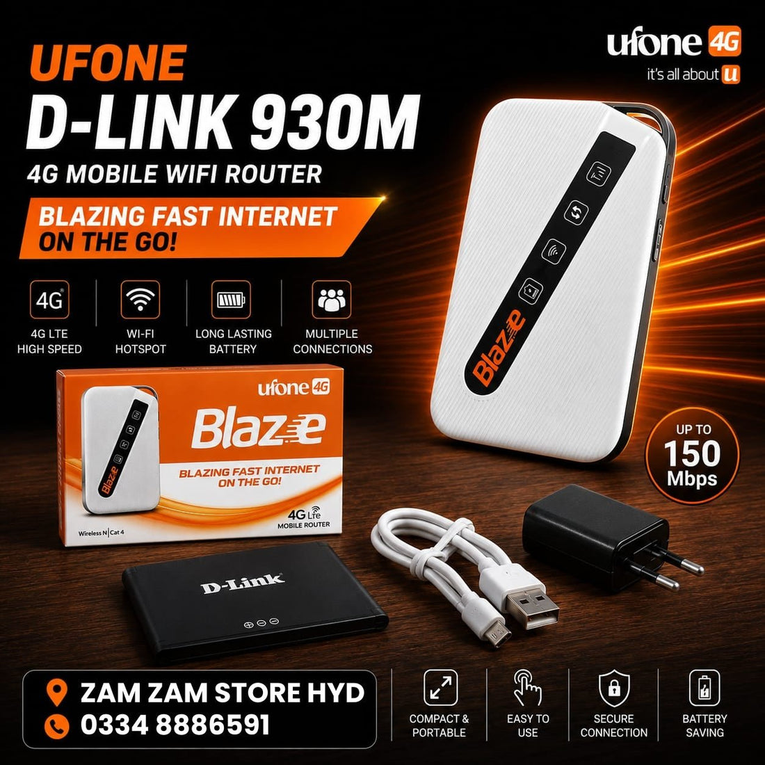 Ufone D-Link DWR-930M 4G Blaze Portable WiFi Router | All SIM Support - Zam Zam Store